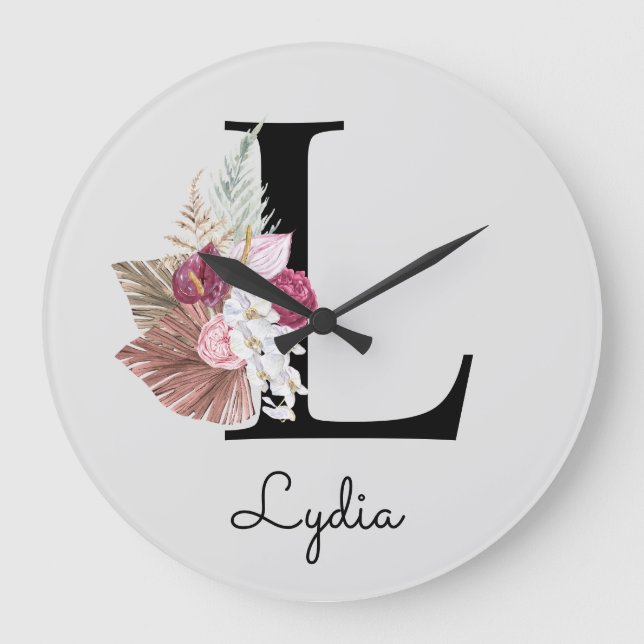 Monogram Pink Boho Girly Floral Initial L Large Clock (Front)