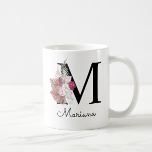 Monogram Pink Boho Girly Floral Initial M Coffee Mug