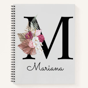 Monogram Pink Boho Girly Floral Initial M Notebook