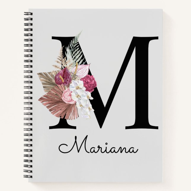 Monogram Pink Boho Girly Floral Initial M Notebook (Front)