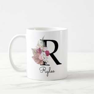 Monogram Pink Boho Girly Floral Initial R Coffee Mug