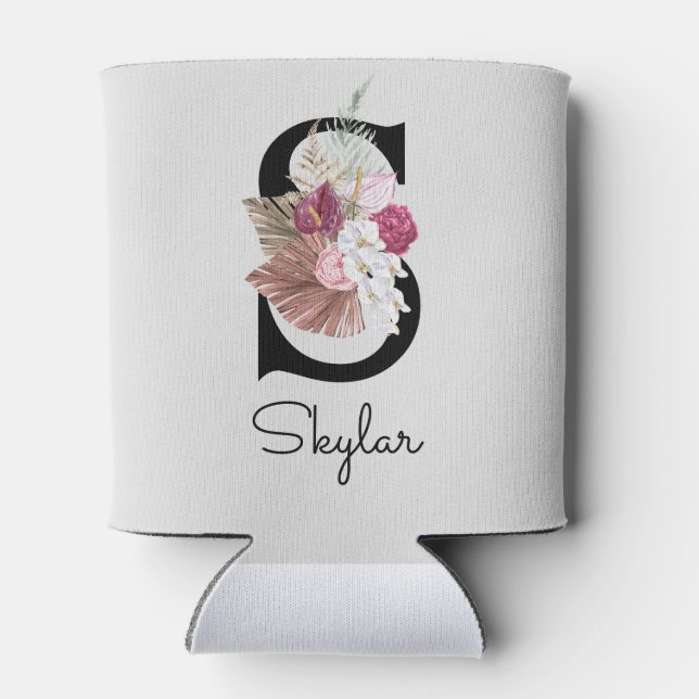 Monogram Pink Boho Girly Floral Initial S Can Cooler (Back)