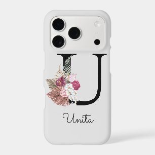 Monogram Pink Boho Girly Floral Initial U