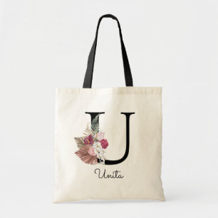 Monogram Pink Boho Girly Floral Initial U Tote Bag