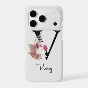 Monogram Pink Boho Girly Floral Initial V