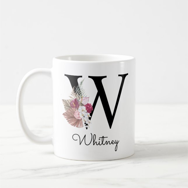 Monogram Pink Boho Girly Floral Initial W Coffee M Coffee Mug (Left)