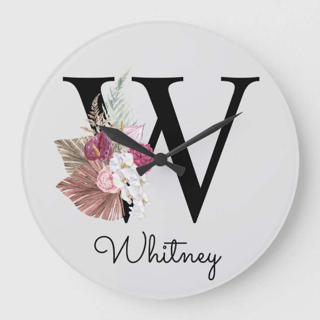 Monogram Pink Boho Girly Floral Initial W Large Clock (Front)
