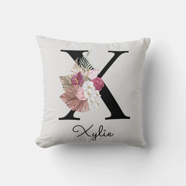 Monogram Pink Boho Girly Floral Initial X Throw Pillow (Front)