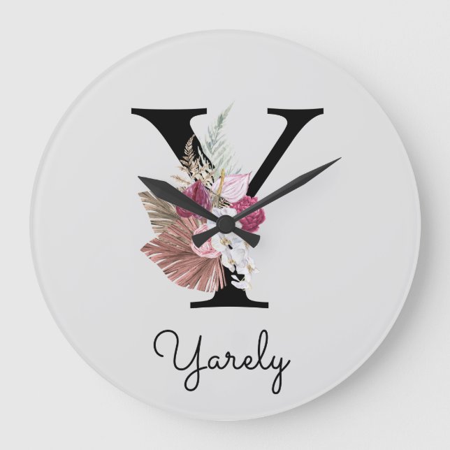 Monogram Pink Boho Girly Floral Initial Y Large Clock (Front)