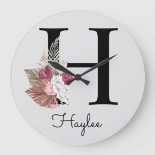Monogram Pink Boho Initial H Large Cl Clock