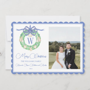 Monogram Pink Bow Greenery Christmas Photo Holiday Card