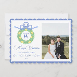 Monogram Pink Bow Greenery Christmas Photo Holiday Card