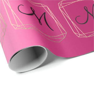 Monogram Pink Bridal Wedding Gold Diamond Frame Wrapping Paper