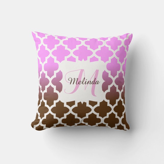 Monogram Pink & Brown Blend Quatrefoil Pattern Throw Pillow (Front)