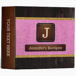 Monogram Pink Burlap Elegant Wood Look Binder