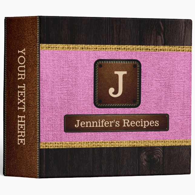 Monogram Pink Burlap Elegant Wood Look Binder (Front/Spine)