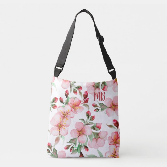 Monogram Pink Cherry Blossom Watercolor Floral Crossbody Bag (Front)