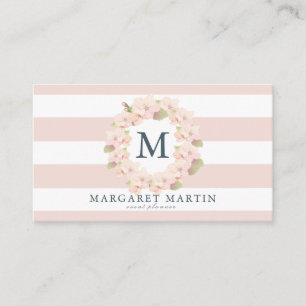 Monogram Pink Cherry Blossom Wreath Business Card