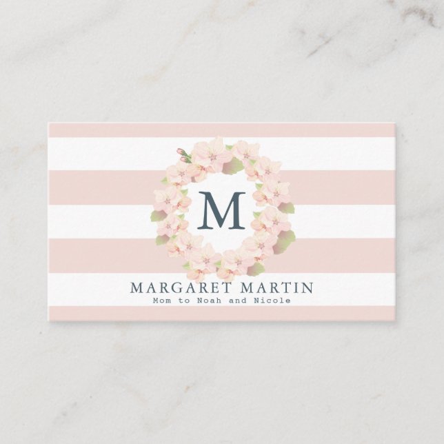 Monogram Pink Cherry Blossom Wreath Mommy Calling Card (Front)
