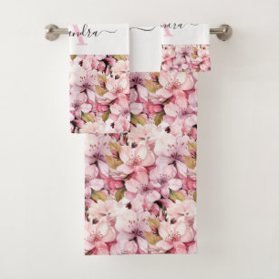 Monogram Pink Cherry Blossoms Towel Set
