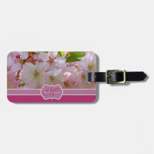 Monogram Pink Cherry Blossoms with Green Leaves Luggage Tag
