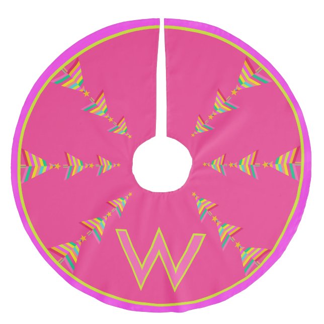 Monogram Pink Christmas Geometric Rainbow Stripe Brushed Polyester Tree Skirt (Front)