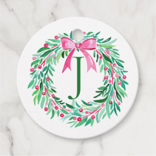 Monogram Pink Christmas Wreath Gift Tag