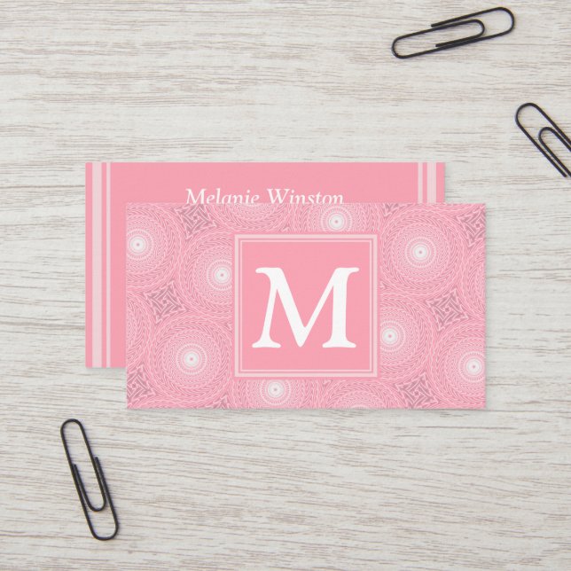 Monogram pink circles pattern business card (Front/Back In Situ)