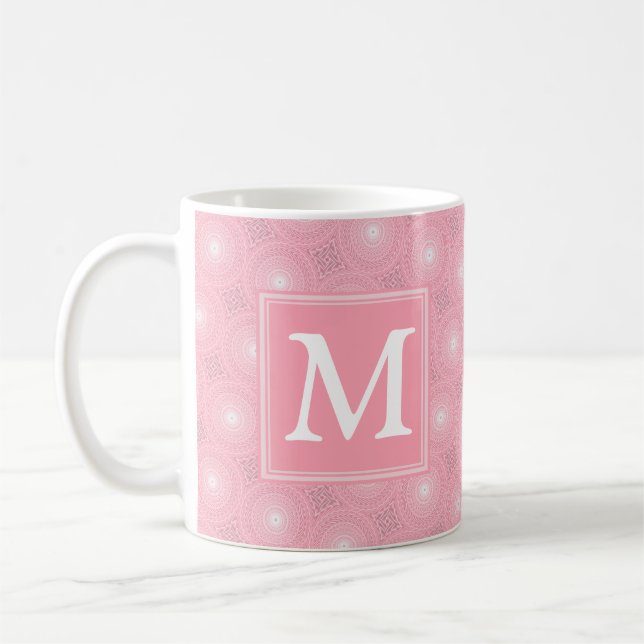 Monogram pink circles pattern coffee mug (Left)