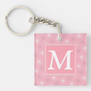 Monogram pink circles pattern keychain