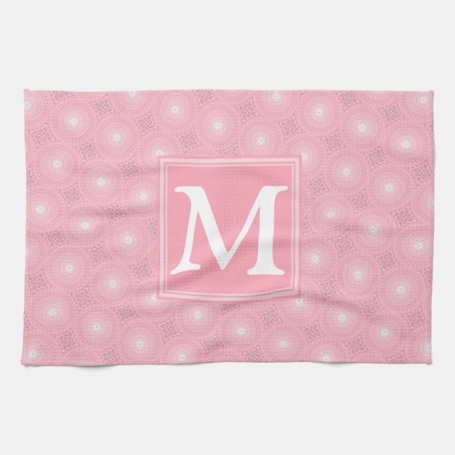 Monogram pink circles pattern kitchen towel (Horizontal)