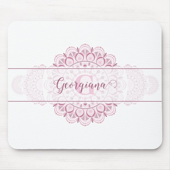Monogram Pink Confetti Lace Ornamental Mandala Mouse Pad (Front)