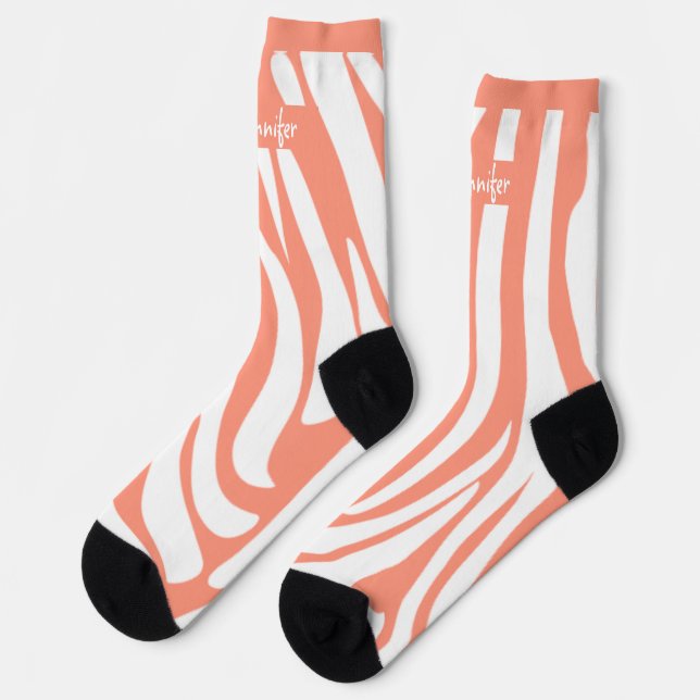 Monogram Pink Coral Striped Zebra Pattern Trendy Socks (Left)