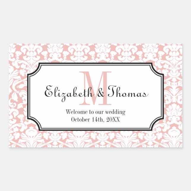 Monogram pink damask frame out of town gift bag sticker (Front)