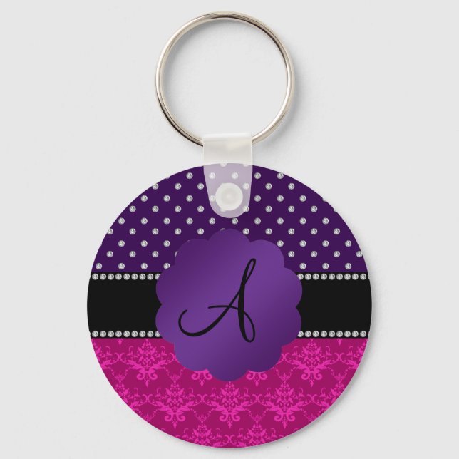 Monogram pink damask purple diamonds keychain (Front)