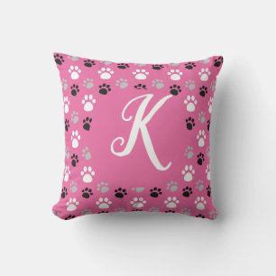  Monogram Pink Dog Paws  Throw Pillow