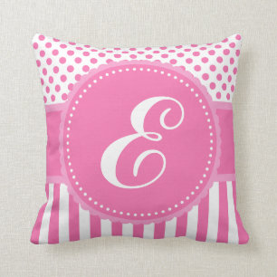 Monogram Pink Dots and Stripes Throw Pillow