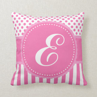 Monogram Pink Dots and Stripes Throw Pillow