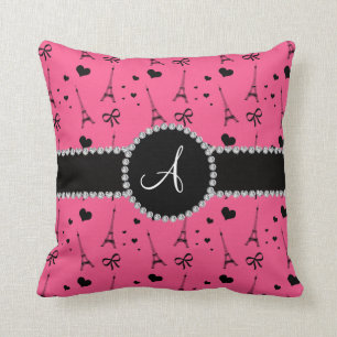 Monogram pink eiffel tower pattern throw pillow