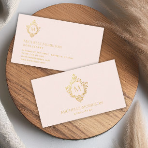Monogram Pink Faux Gold Vintage Crest Initial Business Card
