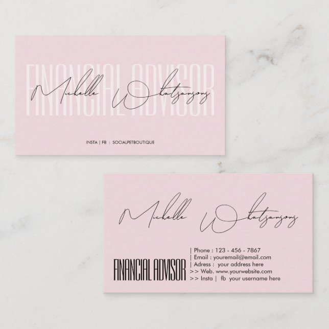 Monogram pink FINANCIAL ADVISOR modern script Business Card (Front/Back)