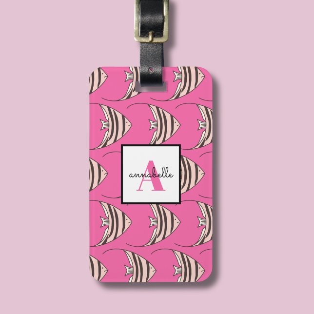 Monogram Pink Fish Pattern Luggage Tag (Pink fish pattern monogrammed luggage tag)