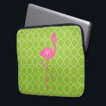 Monogram Pink Flamingo Lime Green Quatrefoil Laptop Sleeve<br><div class="desc">A gift featuring an illustration of a pink flamingo silhouette over a lime green quatrefoil background.  Personalize with your name inside circle on flamingo's body.</div>