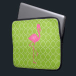 Monogram Pink Flamingo Lime Green Quatrefoil Laptop Sleeve<br><div class="desc">A gift featuring an illustration of a pink flamingo silhouette over a lime green quatrefoil background.  Personalize with your name inside circle on flamingo's body.</div>