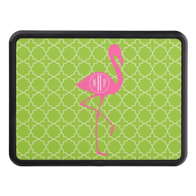 Monogram Pink Flamingo Lime Green Quatrefoil Trailer Hitch Cover (Front)