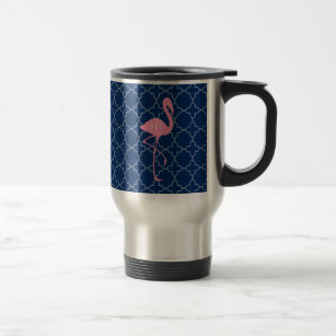 Monogram Pink Flamingo Navy Quatrefoil Travel Mug
