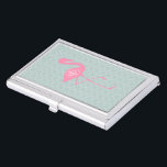Monogram Pink Flamingo   Quatrefoil Business Card Holder<br><div class="desc">A gift featuring an illustration of a pink flamingo over a mint quatrefoil background.  Personalize with your monogram inside circle on flamingo's body.</div>
