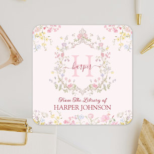 Monogram Pink Floral From The Library Bookplate  Square Sticker