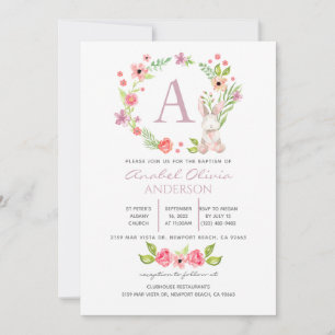 Monogram Pink Floral Greenery Baptism Girl Invitation