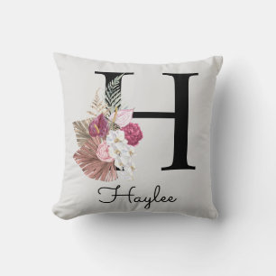 Monogram Pink Floral Initial H Throw Pillow